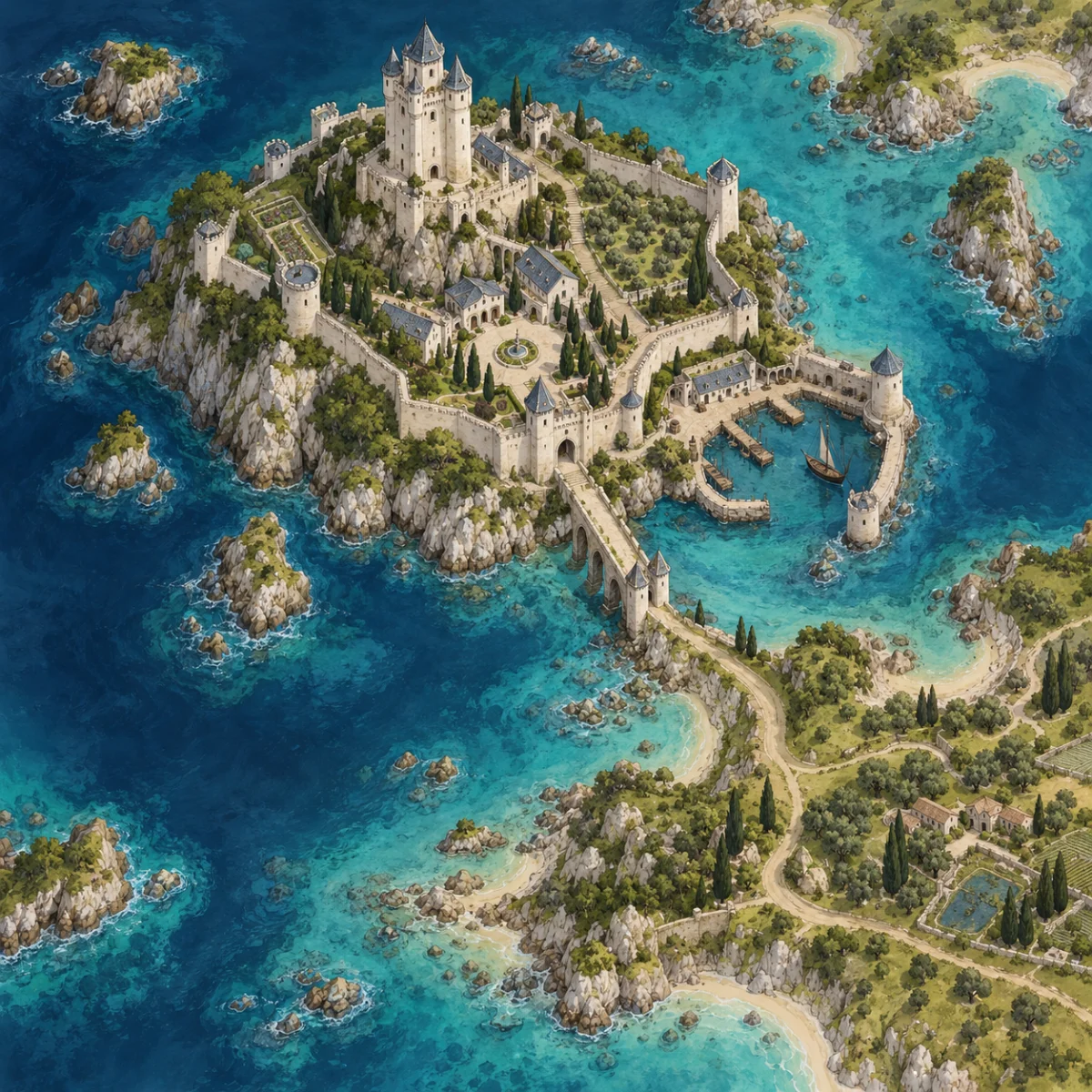 Painted island castle map with white stone ramparts, gardens, a small dock and a narrow causeway