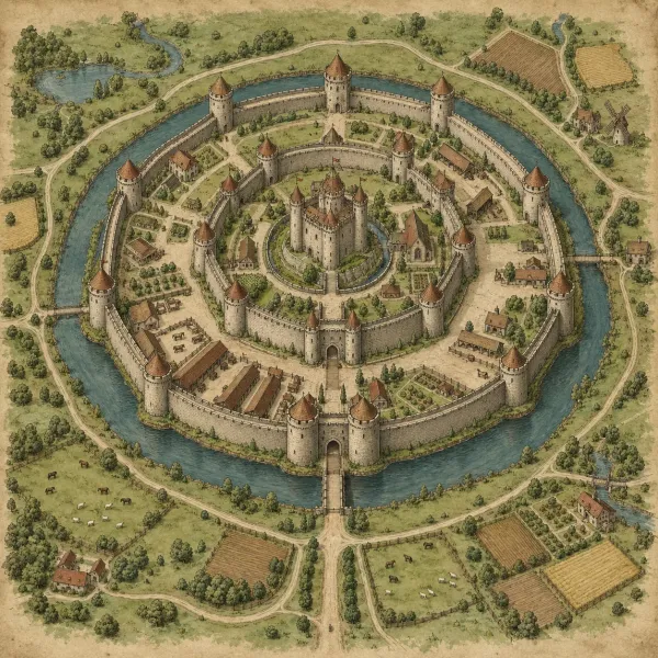 Parchment castle map with concentric walls, a central keep, a moat and surrounding fields