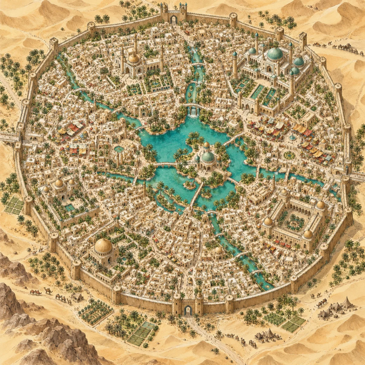 Watercolor oasis city map with sandstone homes, domed palaces, canals and surrounding dunes