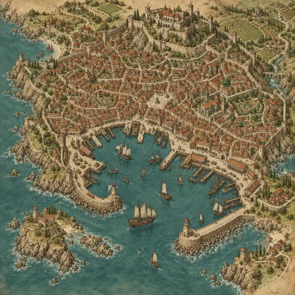Parchment harbor city map with sheltered docks, dense neighborhoods and a hilltop citadel