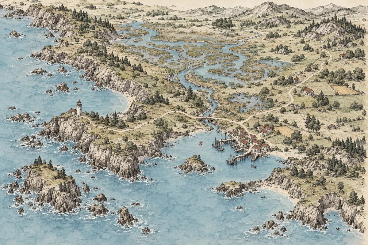 Ink regional map of coastal bays, marshes, a fishing port and a headland beacon