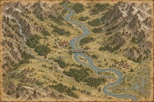 Parchment regional map with a river valley, mountain passes, small settlements and a ruined watchtower