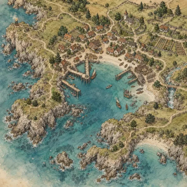 Parchment fishing village map with timber cottages, wooden piers, boats and gardens