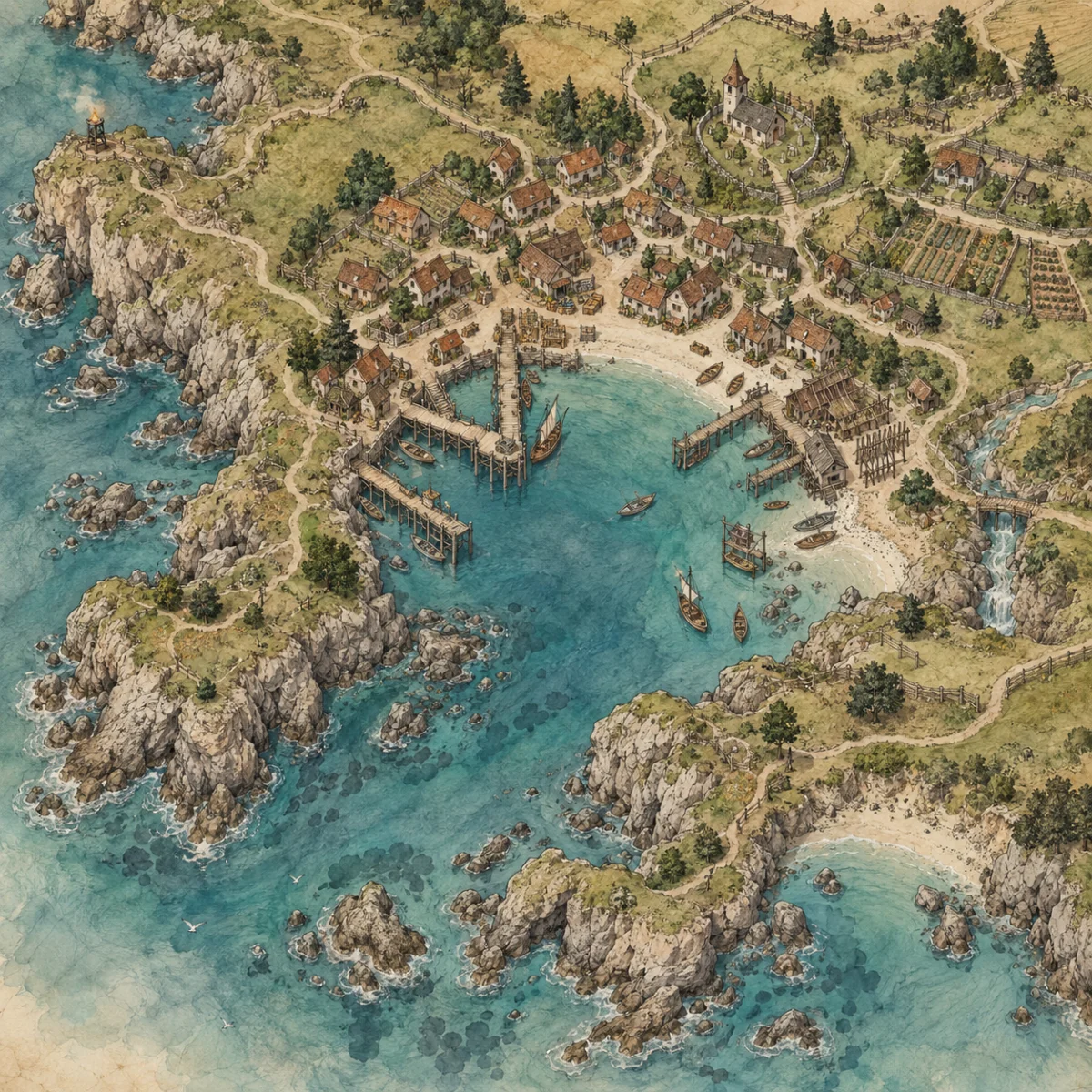 Parchment fishing village map with timber cottages, wooden piers, boats and gardens