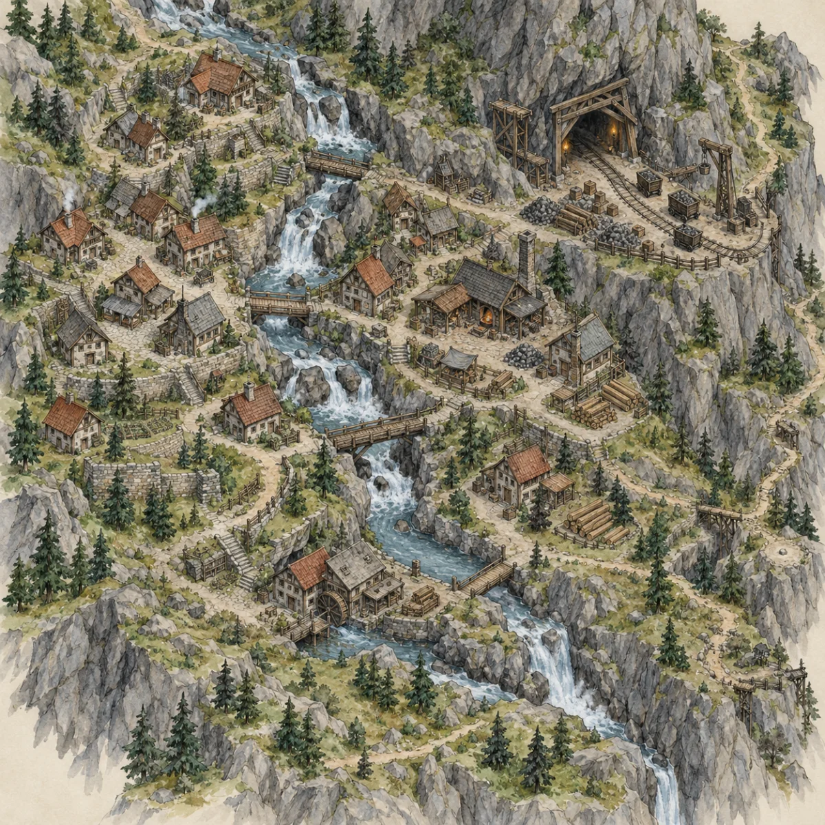 Watercolor mining town map with terraced houses, a cliff mine, streams and workshops