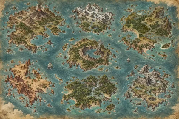 Parchment archipelago map with volcanic, snowy and forested islands separated by broad sea passages