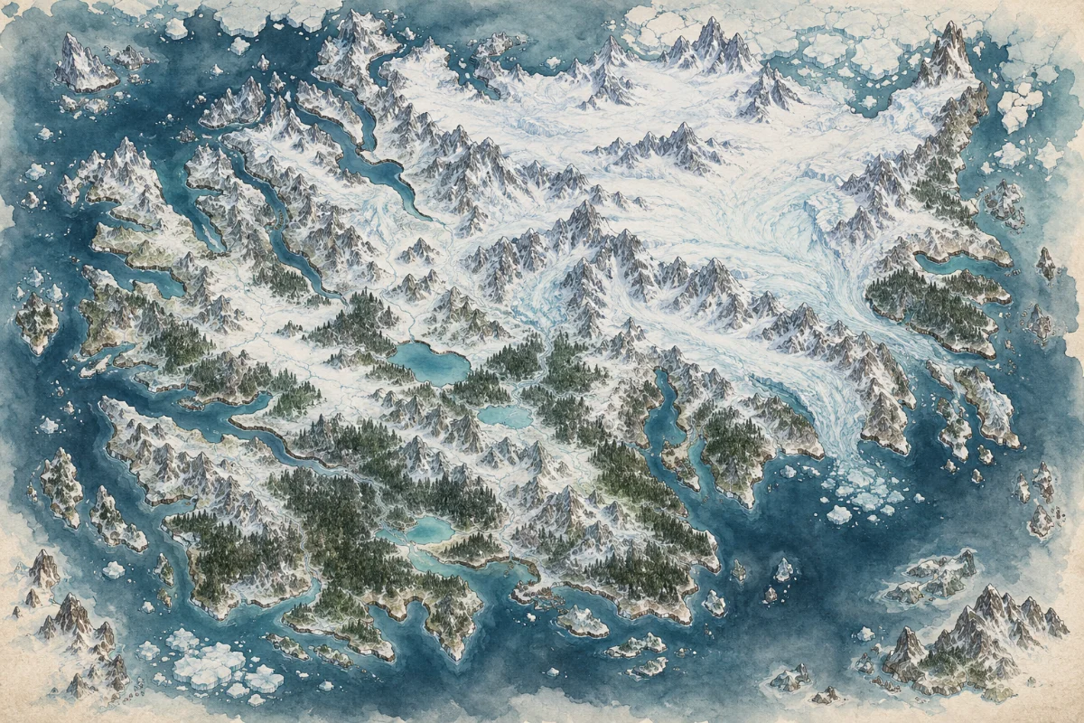 Watercolor world map of a frozen continent with glaciers, branching fjords and turquoise lakes
